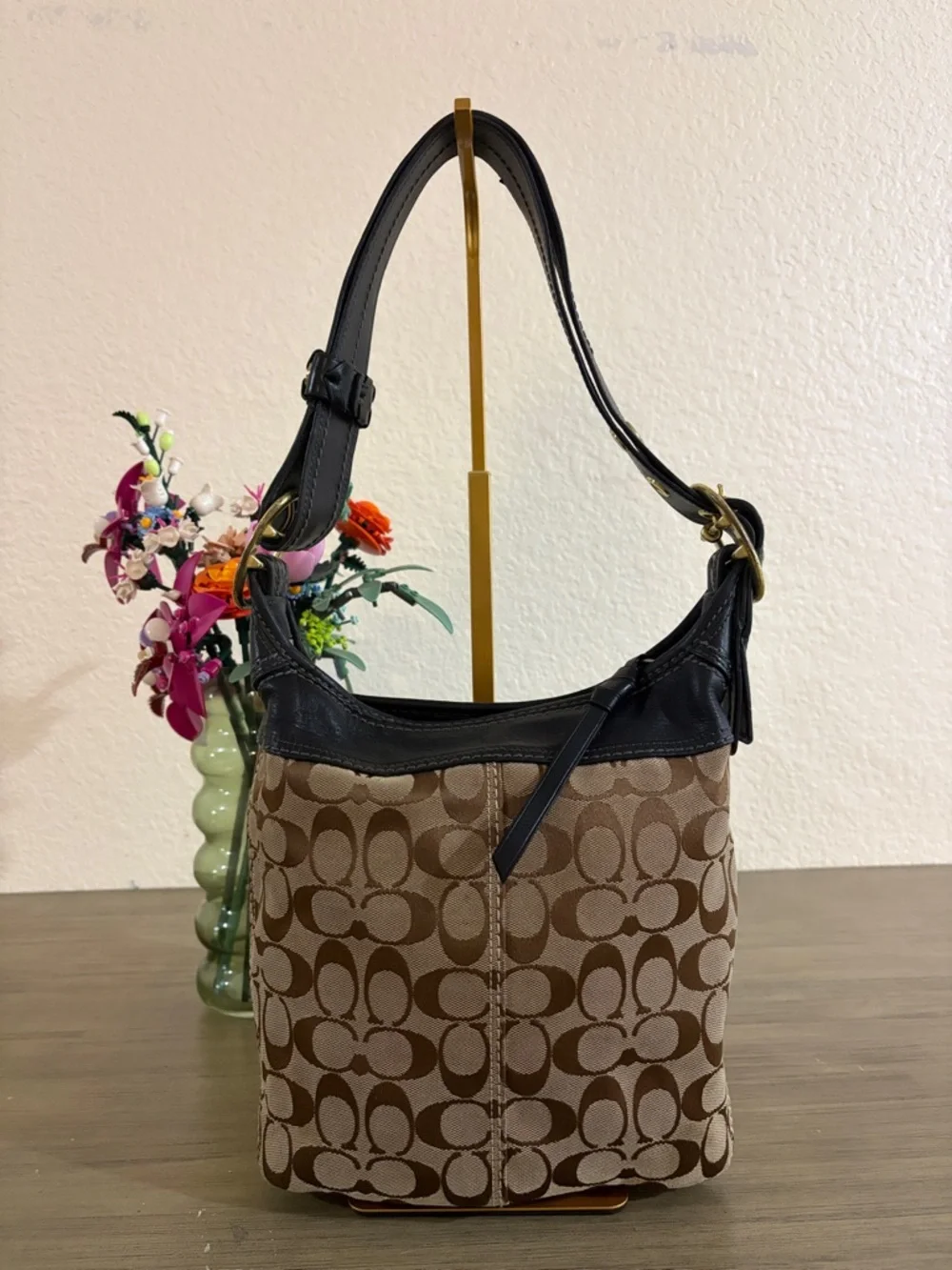 Coach 11437 Bleecker Brown Canvas Black Leather Bucket Crossbody Shoulder Bag